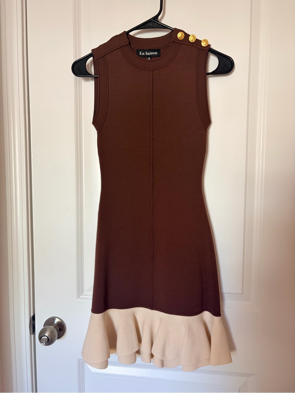 En Saison Brown Dress with Cream Ruffle Hem and Gold Shoulder Buttons